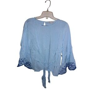 Haute Monde Blue Embroidered Bell Sleeve Tie Front Blouse Top Large